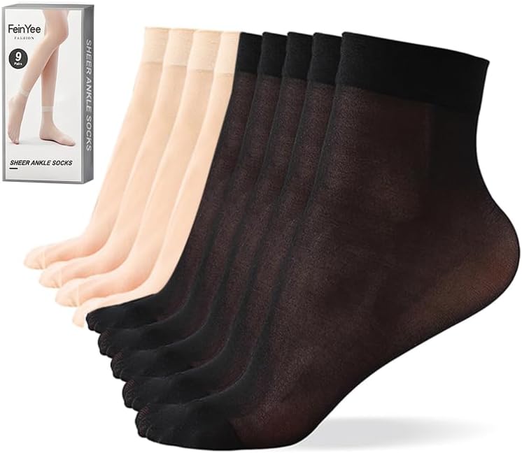 FeinYee 9 Pairs(in Gift Box) Ankle Sheer Socks For Women,Premium 20D Reinforced Toes in Black & Nude One Size - Image 1